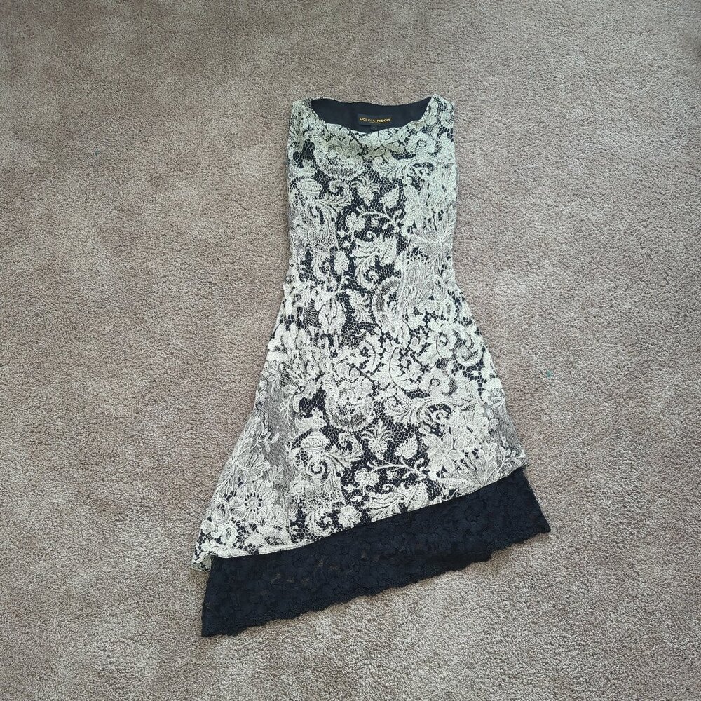 Donna Ricco Asymmetrical Lace Cowl Neck Handketchief Hem Dress Size 4